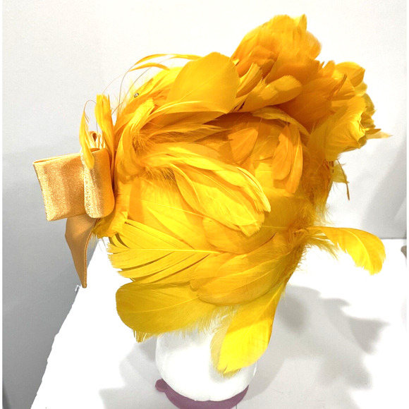 Vintage Ms Devine hat bright yellow feathers satin bow & rhinestones statement - Picture 5 of 10